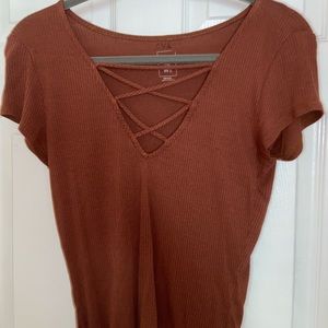 Brown short sleeve crop top cross ties